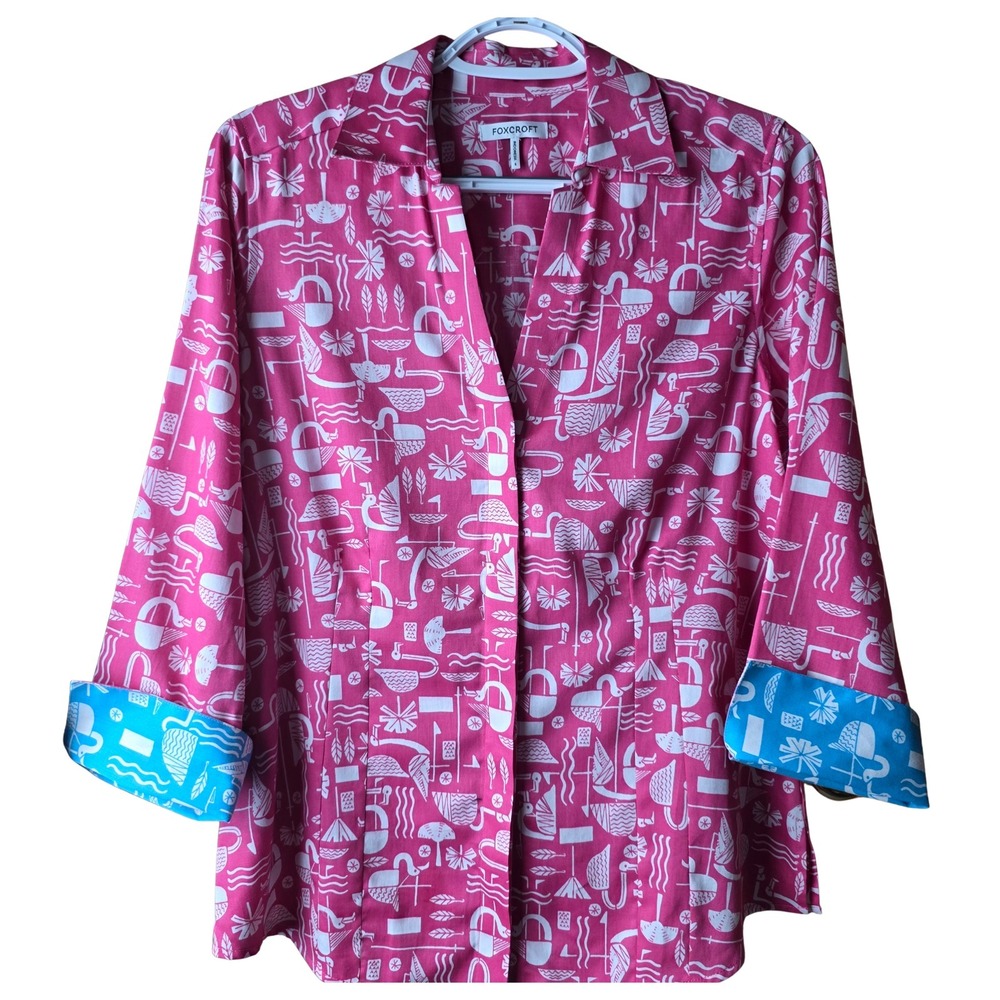 Foxcroft Women's Pink Flamingo Print Button Front Shirt Size 6 3/4 Sleeve Coasta